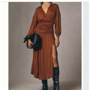 Maeve Anthropologie Cedar Dress Wool Blend V Neck Ruched S Brown NWT Wool Tencel